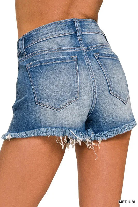 Mid Rise Raw Frayed Hem Denim Shorts - Southern Sassy Boutique