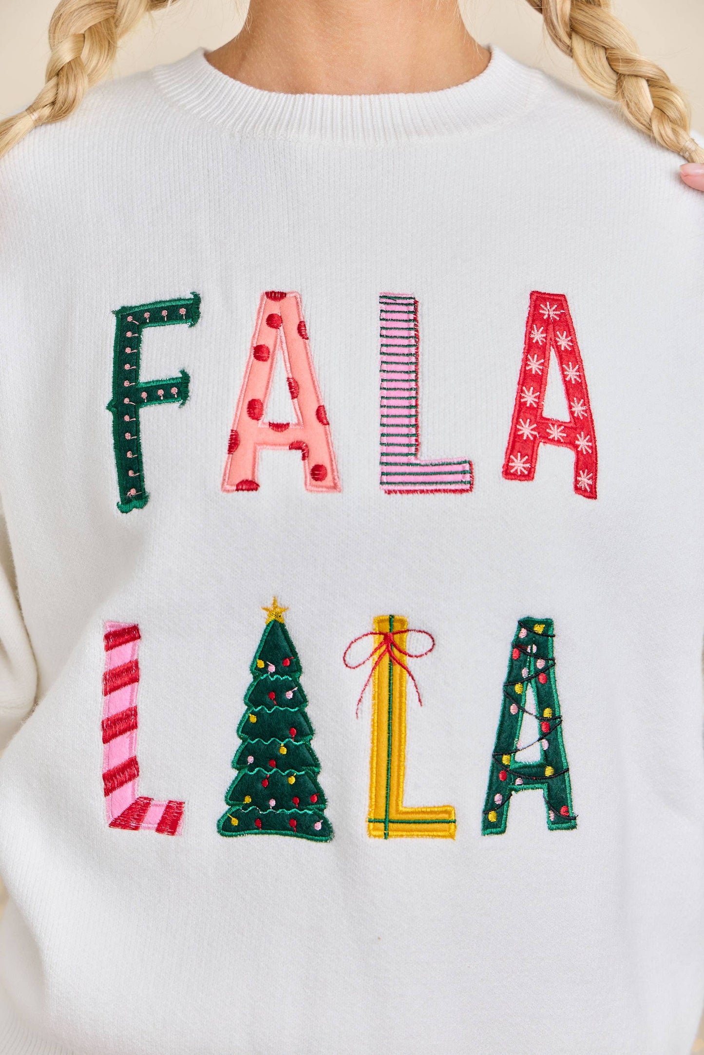 Festive Holiday Falala Embroidered Sweater Knit Top