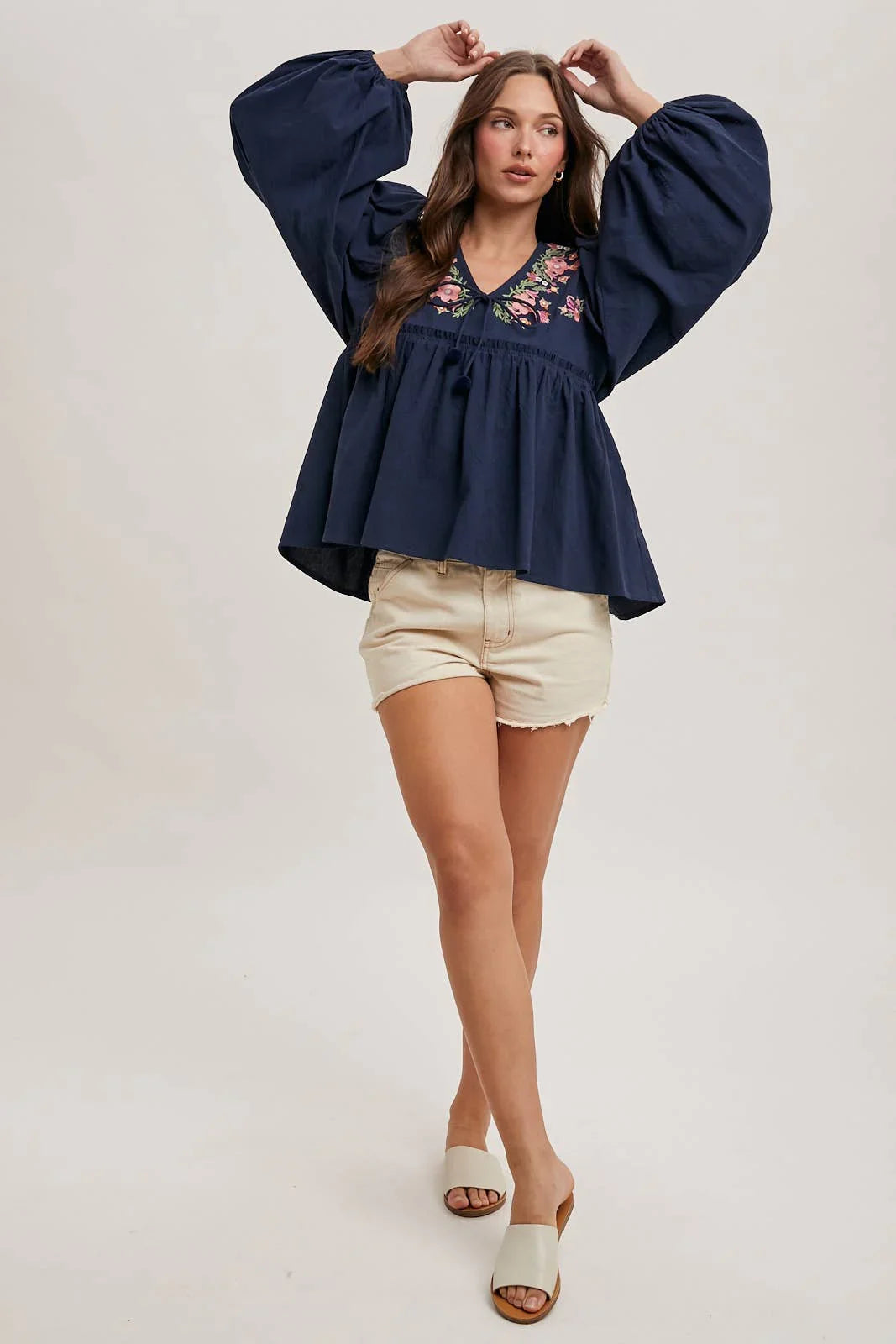 FLORAL EMBROIDERY BUBBLE SLEEVED BABYDOLL TOP - Southern Sassy Boutique