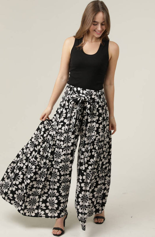 Boho Front Tie Waist Flower Print wide leg Pants