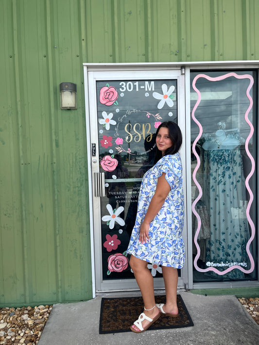 Blue Floral V-Neck Flutter Sleeve Tiered Dress