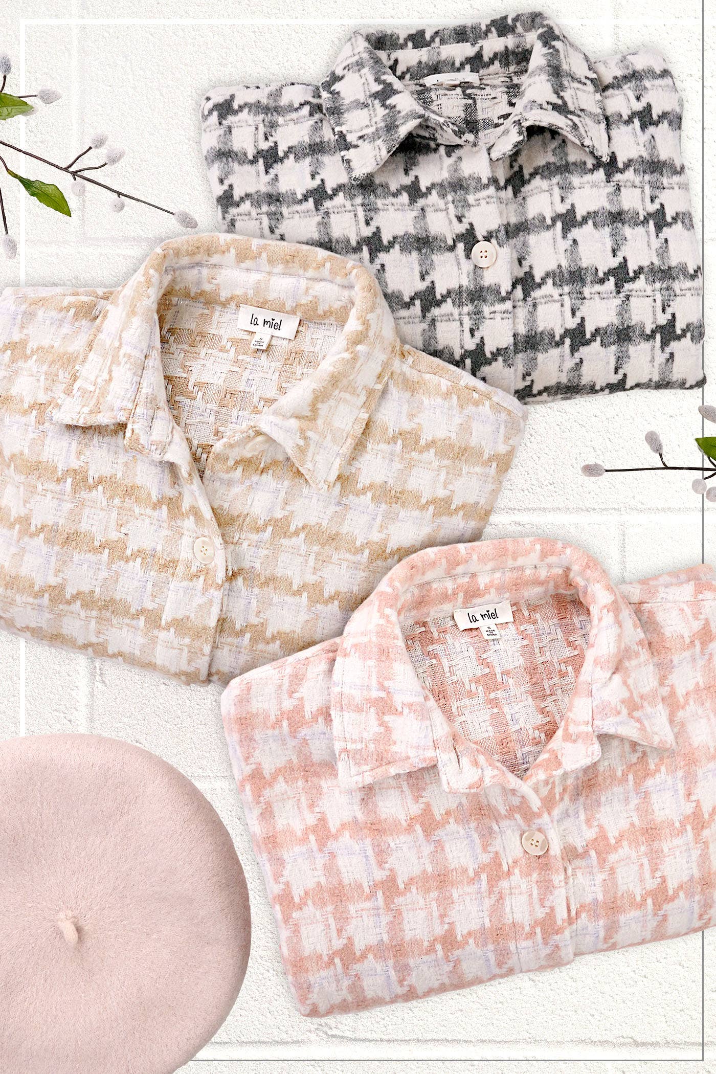 Oversized Houndstooth Patterned Soft Brushed Shacket