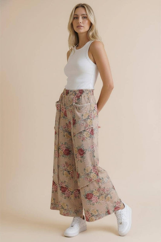 Elastic Waist Wide Leg Vintage Floral Pant