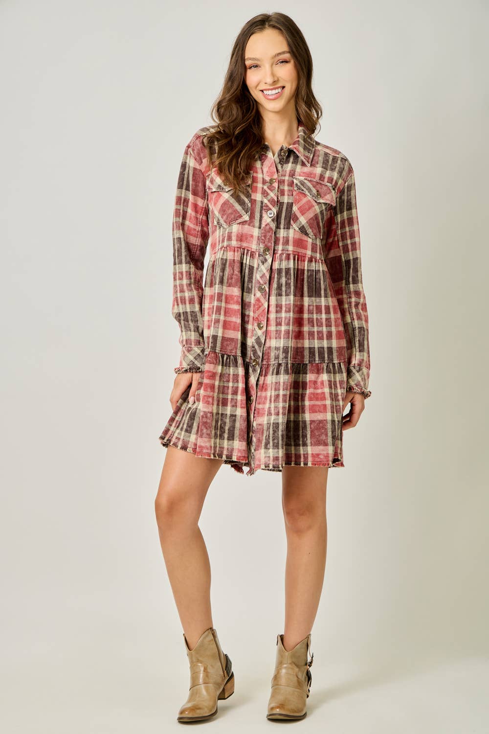 Acid Washed Tiered Coat Dress