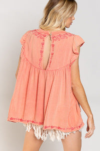 Scoop Neck Embroidered Babydoll Top