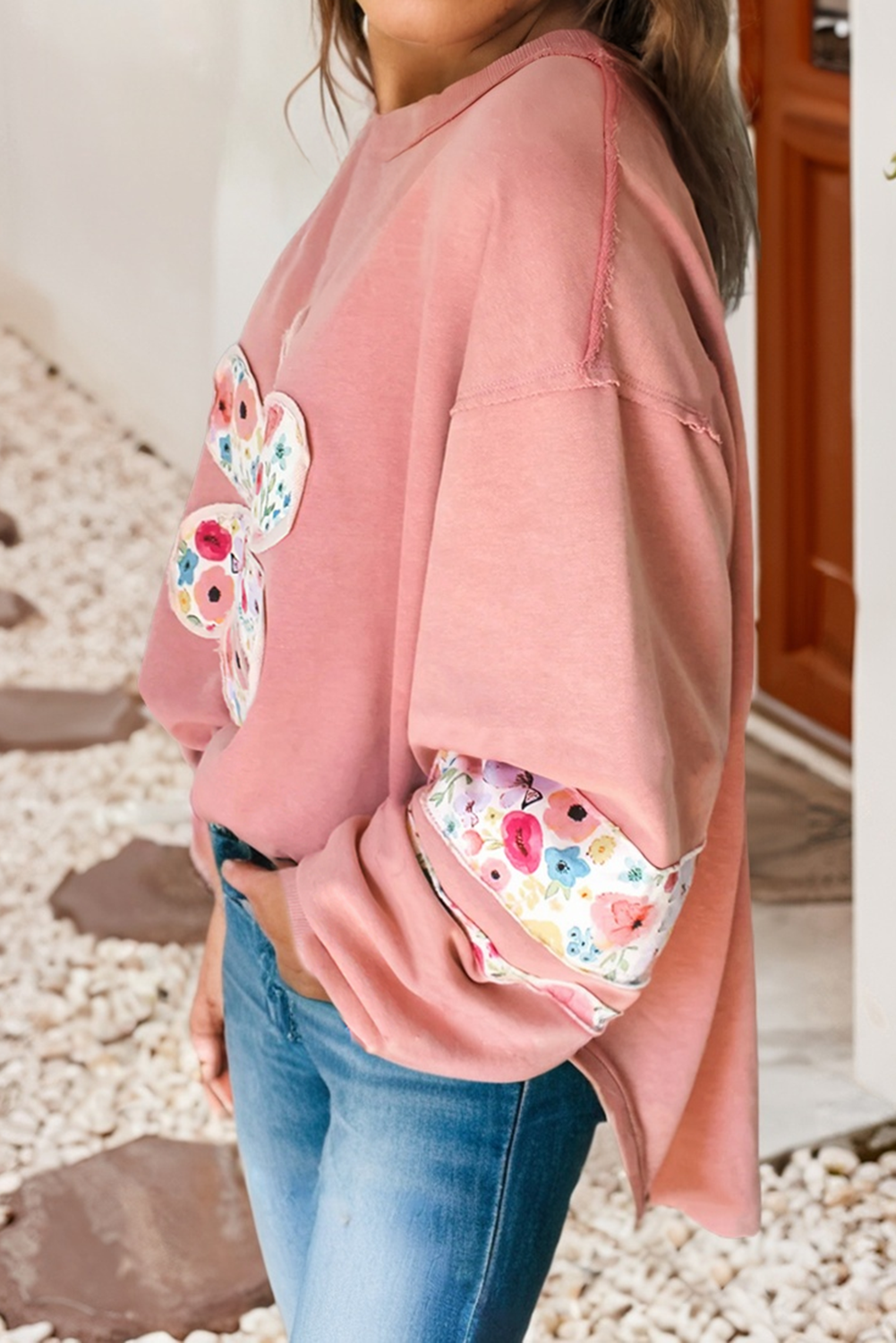Rose Floral Applique Pullover Sweatshirt