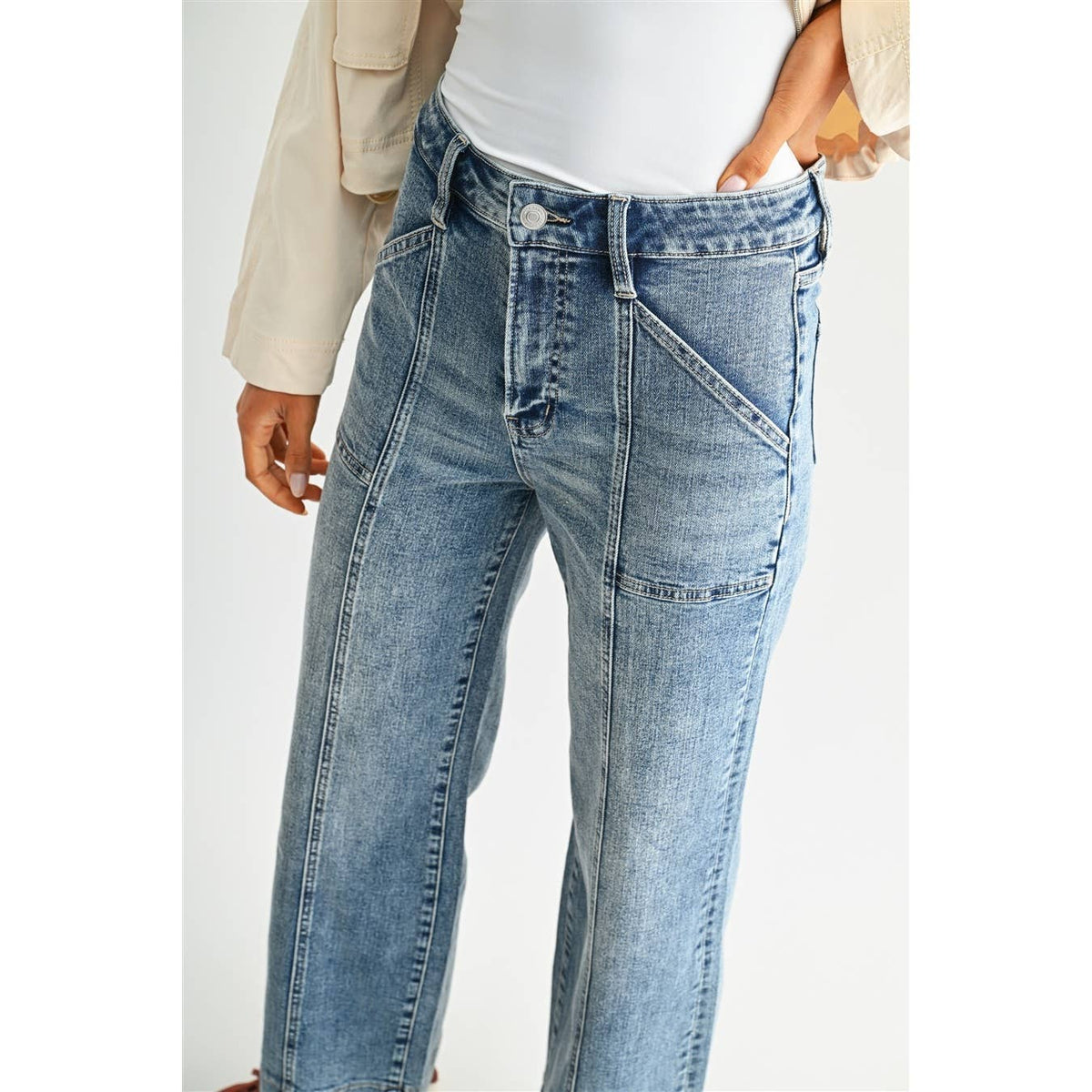High Rise Wide Ankle Trouser Hem Jeans