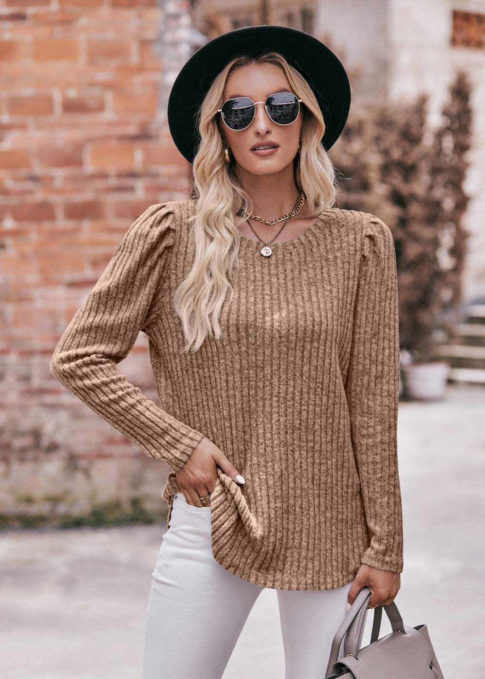 Soft Ribbed Knit Puff Sleeve Top