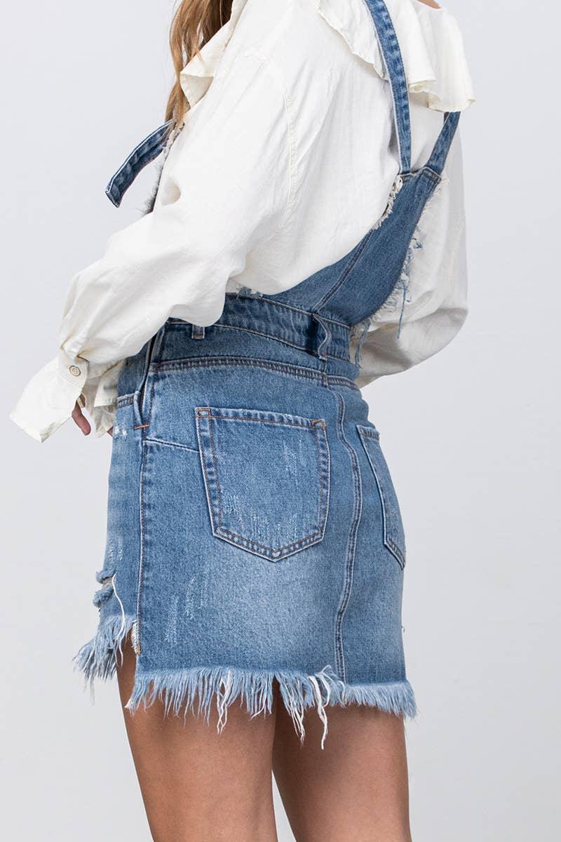 Frayed Hem Distressed Overall Denim Skirt - Southern Sassy Boutique