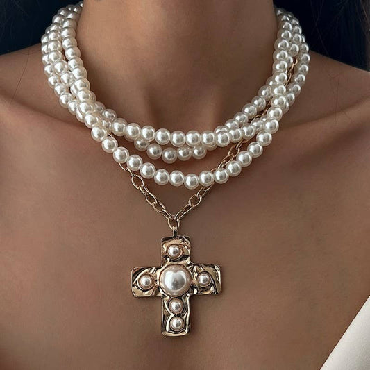 Multi Wrap Pearl Beaded Cross Charm Necklace