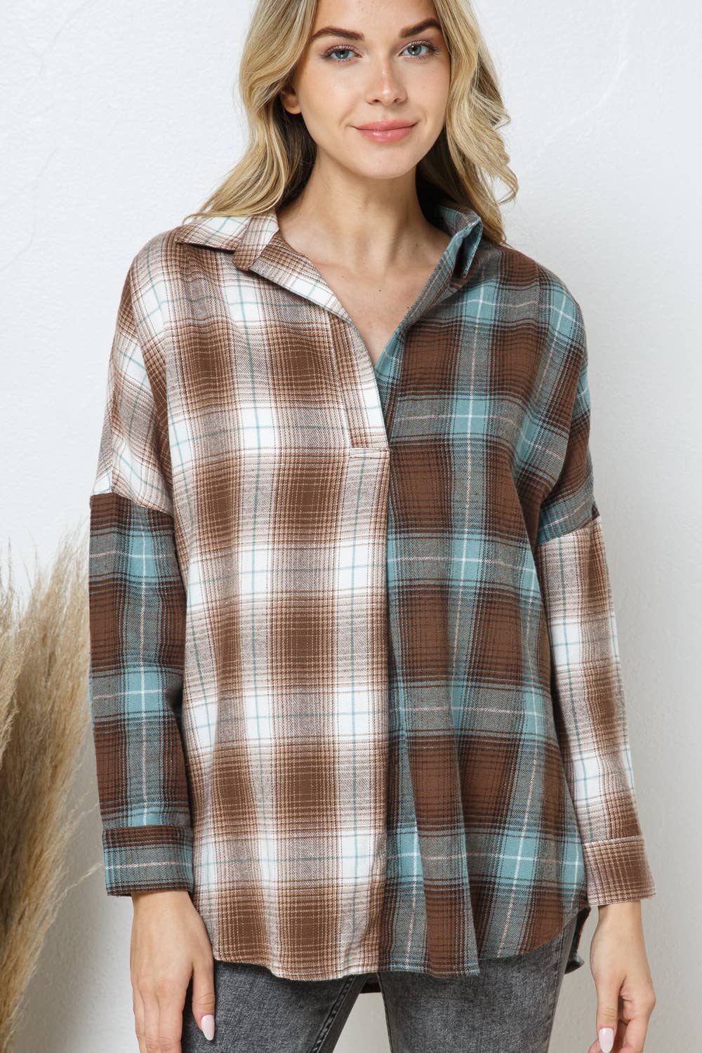 Collard Flannel Mix Dolmen Shirt