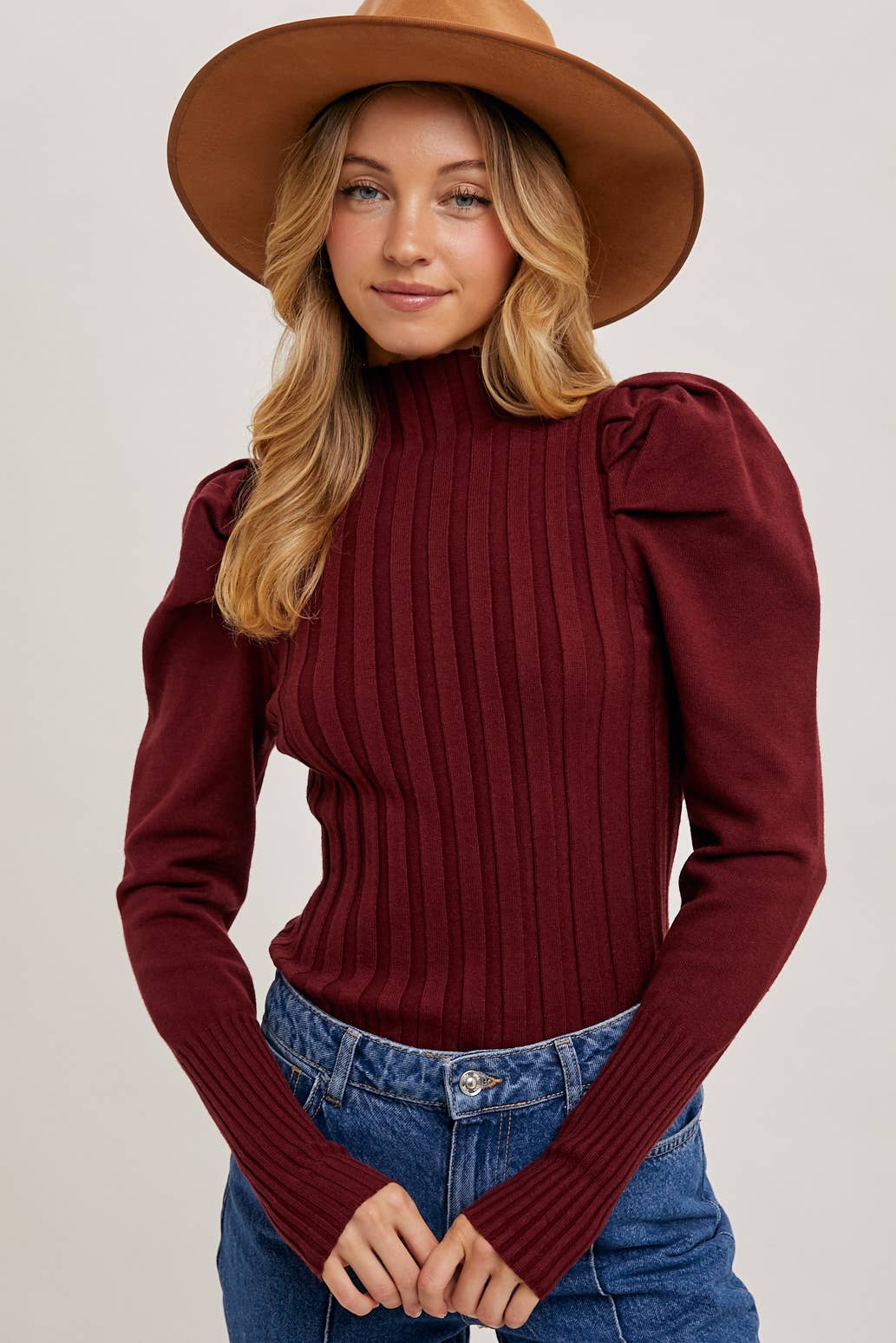 MOCK NECK PUFF SLEEVED KNIT TOP