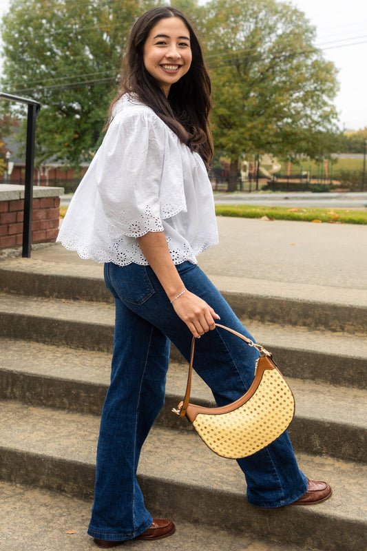 Half-Moon Rattan Crossbody with Contrast