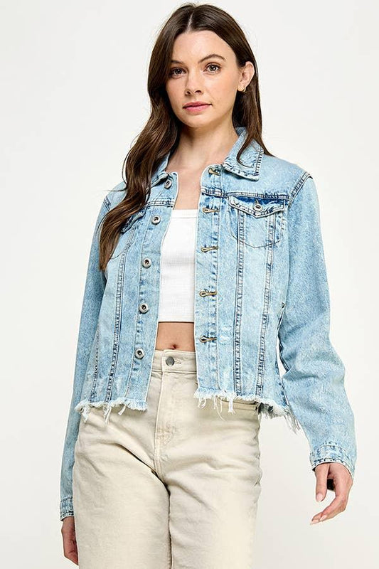 Cropcut Denim Jacket with Distressed - Southern Sassy Boutique
