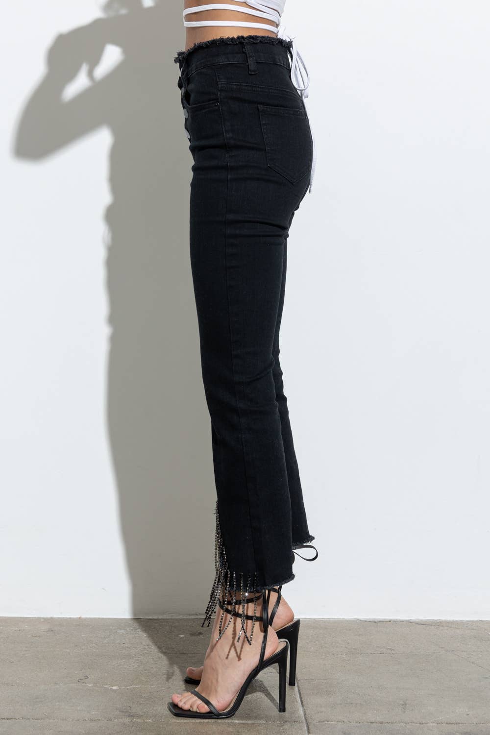 RHINESTONE FRINGE DENIM PANTS