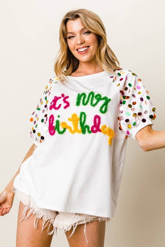 Metallic Letter Spangle Raglan Puff Sleeve Top