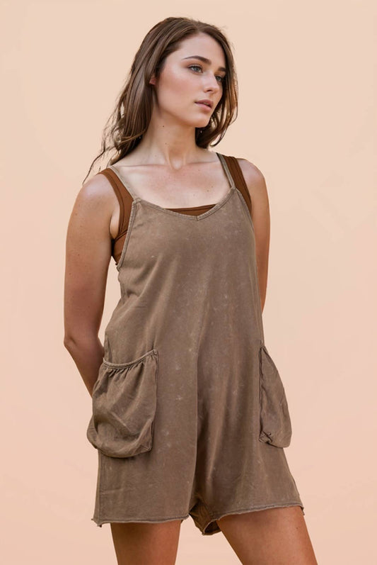 Mineral Washed Sleeveless Casual Knit Romper