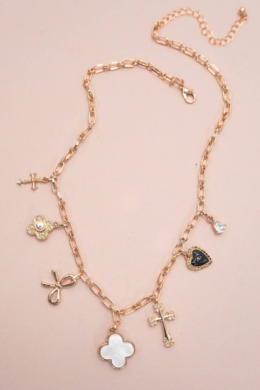 Charm Necklace with Bows & Cross
