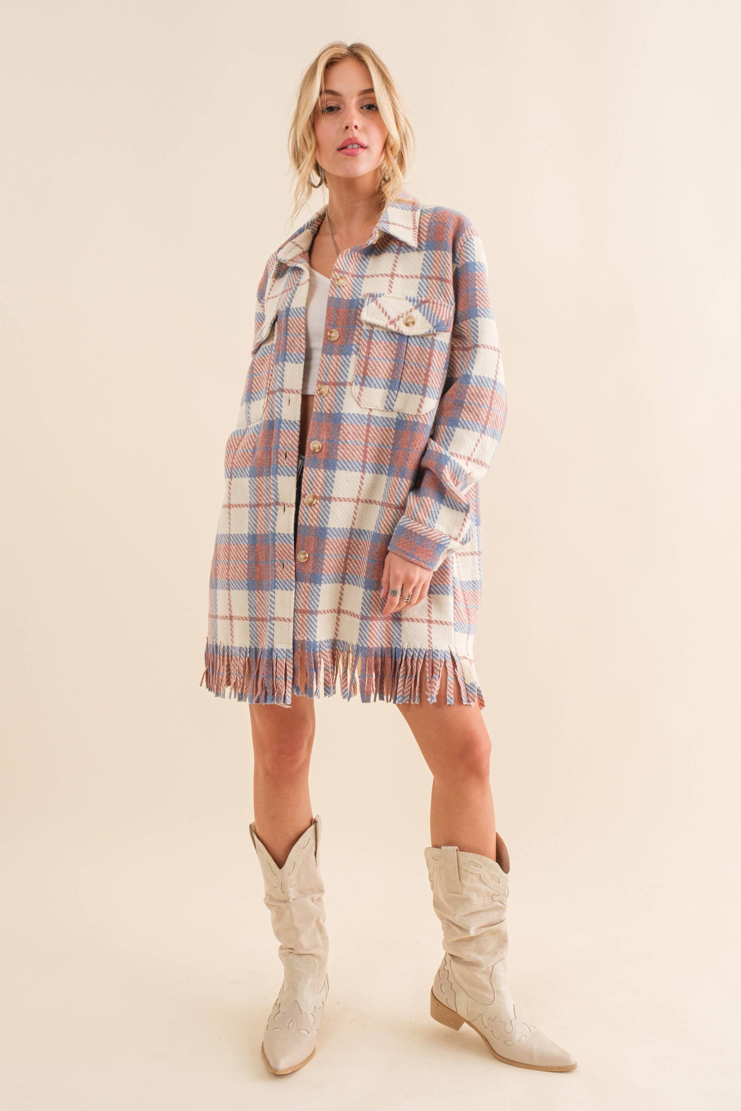 Yarn Dyed Fringe Bottom Button Up Long Shirt Jacket