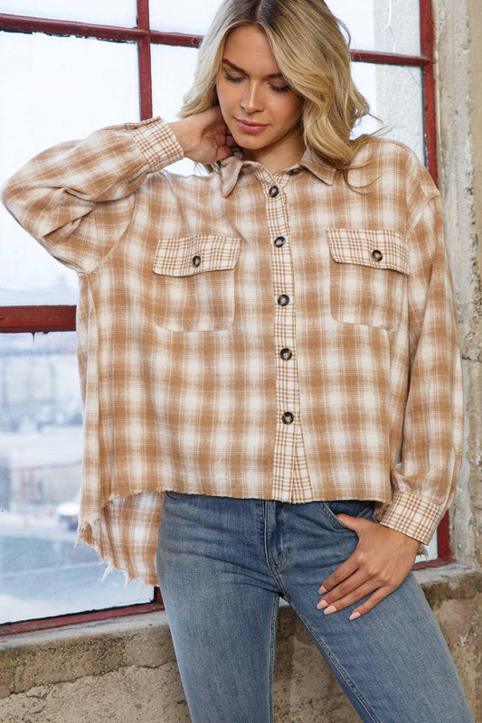 Yarn Dyed Mixed Contrast Crop Frayed Bottom Shirt - Southern Sassy Boutique