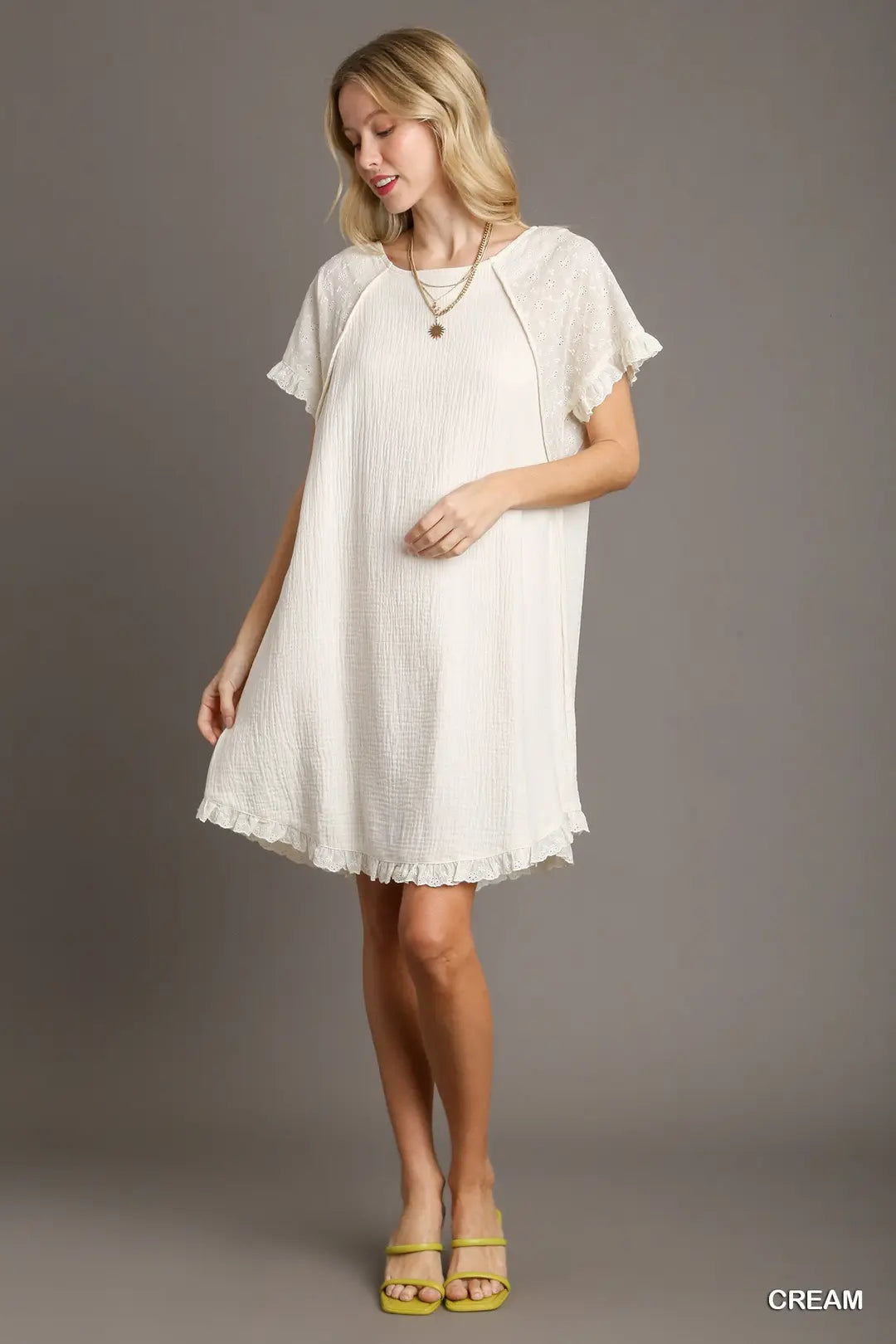 Gauze Short Dress with Eyelet Sleeves