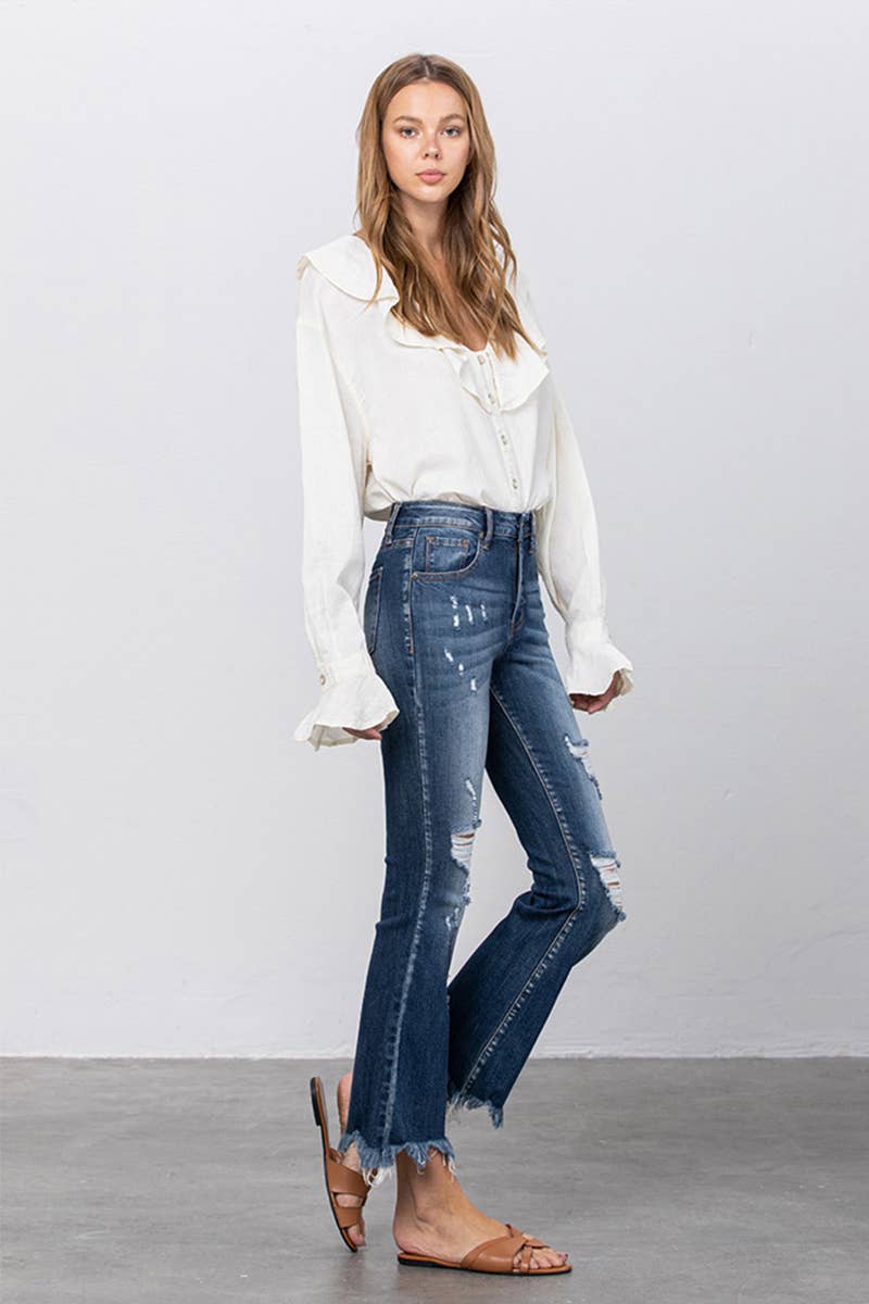 High Stretch Mid Rise Frayed Hem Distressed Crop Flare Jeans