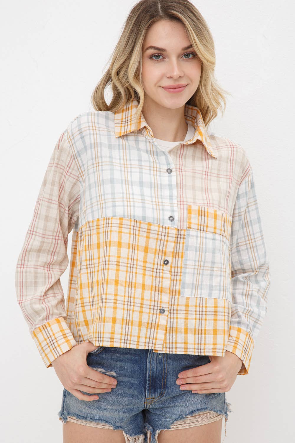 Mix Plaid Pocket Front Button Up Crop Shirt