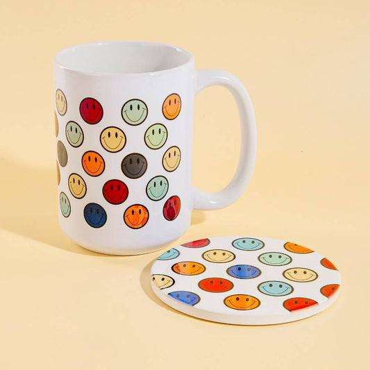 Colorful Smiley Faces 15 Oz Mug With Matching Coaster Gift