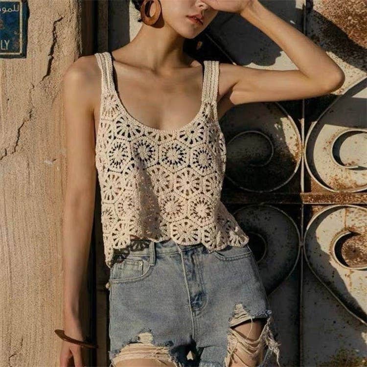 Vintage Embroidery Hollow Out Crochet Knit Vest