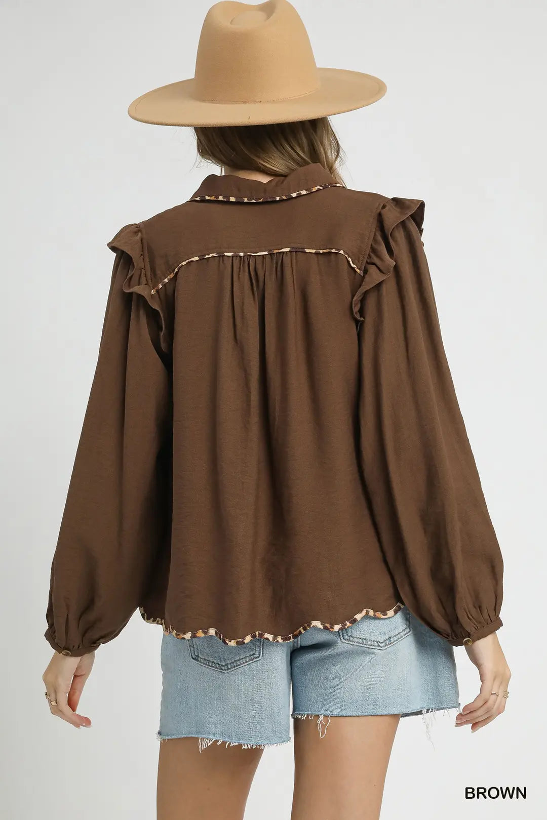 Ruffle Shoulder Leopard Trim Blouse