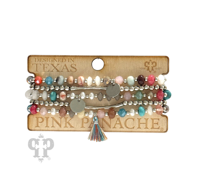 Colorful and gold bead charm bracelet stack