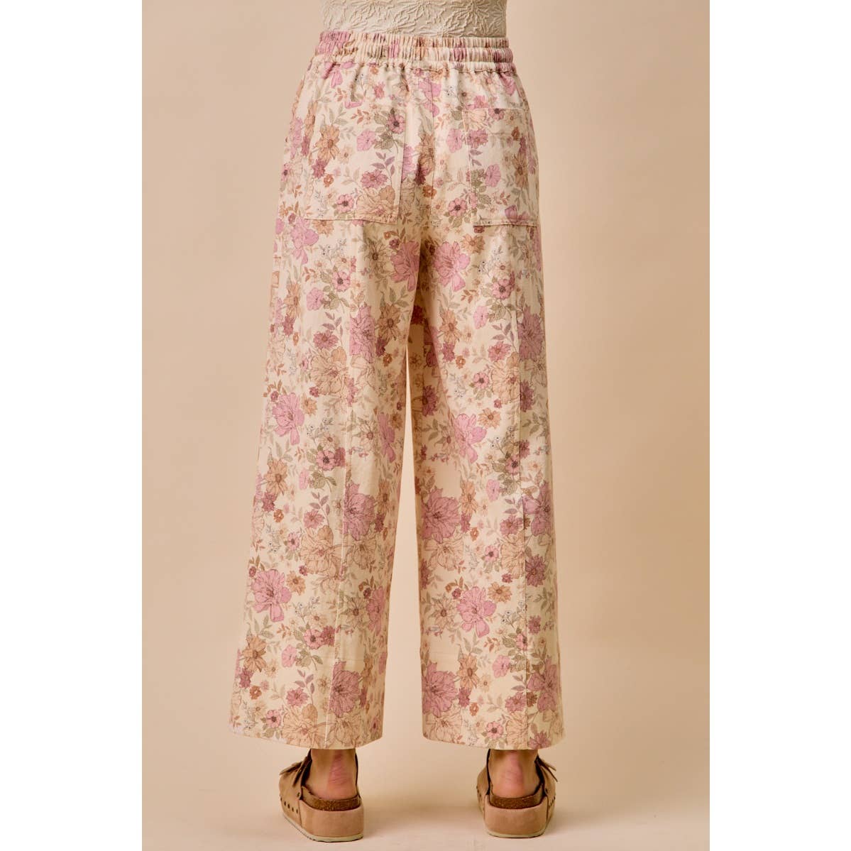 Floral Print Twill Wide Leg Pants