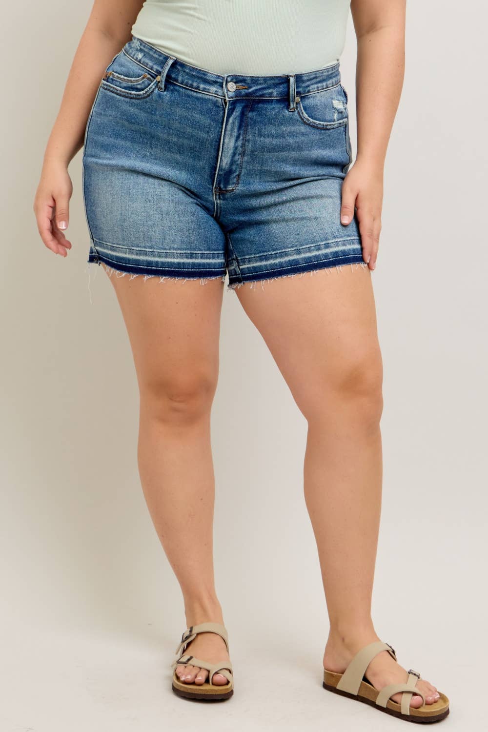 Mid Rise Tummy Control Vintage Wash Release Hem Shorts - PLUS