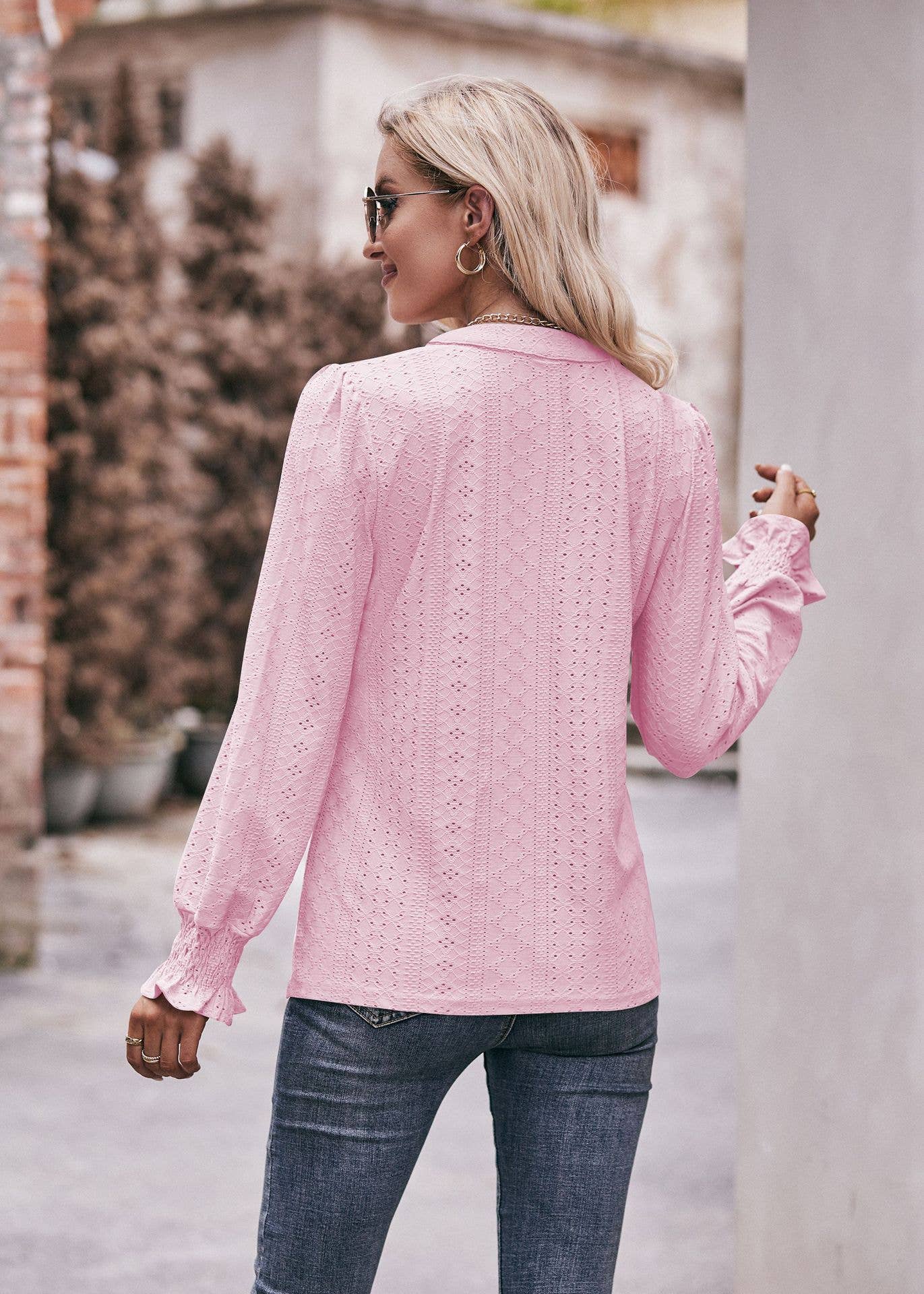 Pointelle Notch V Neck Long Sleeve Top