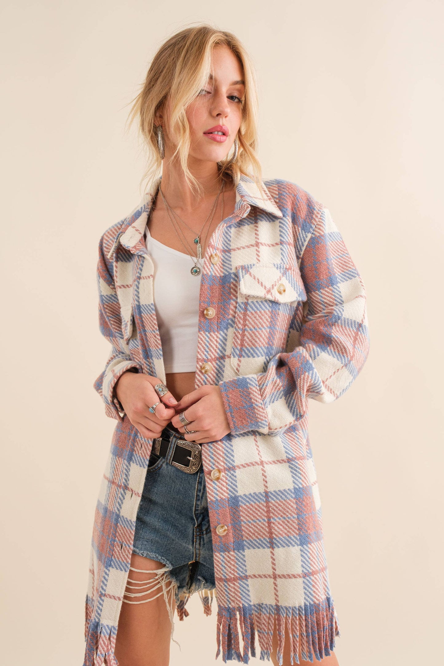 Yarn Dyed Fringe Bottom Button Up Long Shirt Jacket