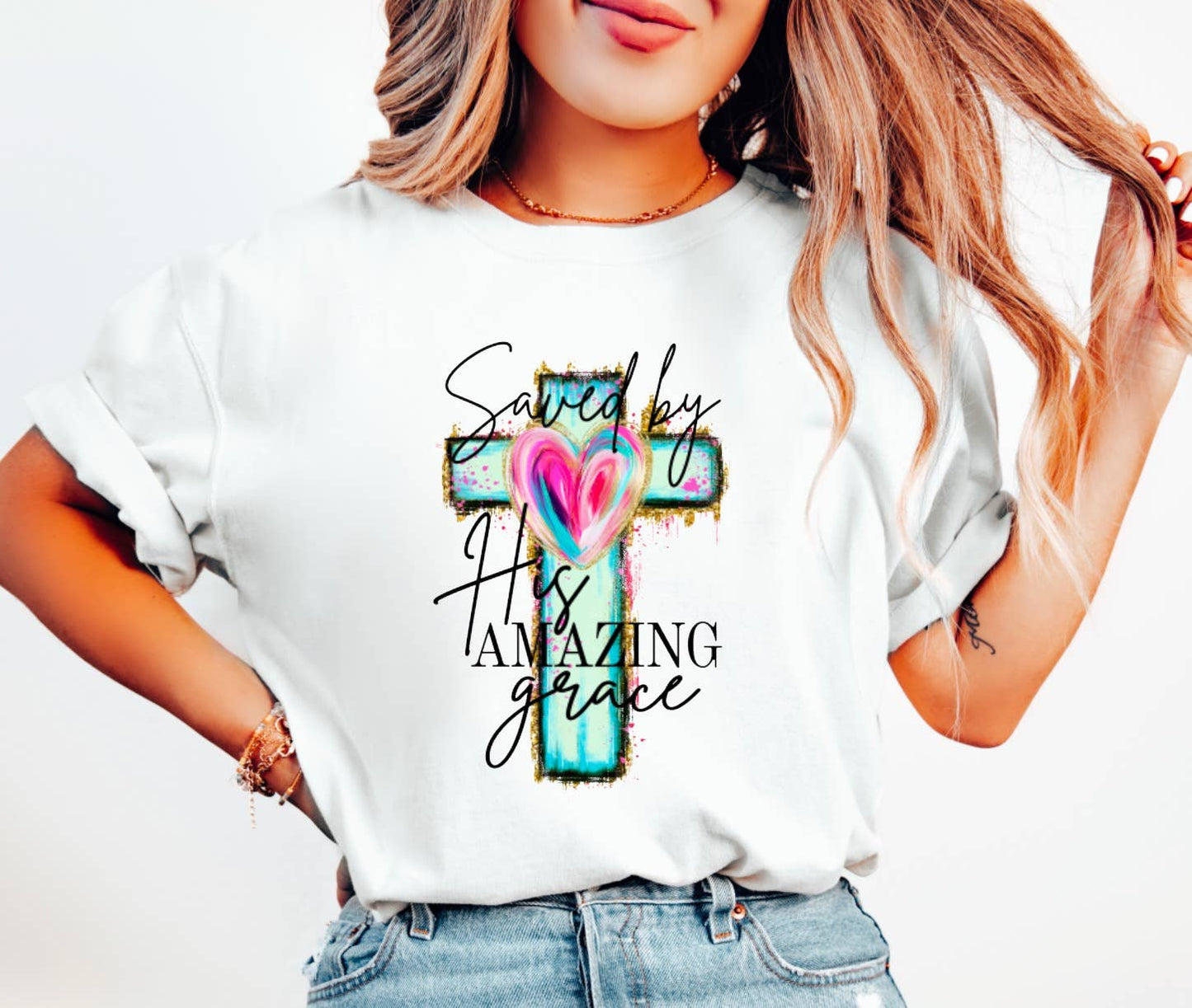 Saved By His Amazing Grace Cross Graphic Tee - Southern Sassy Boutique