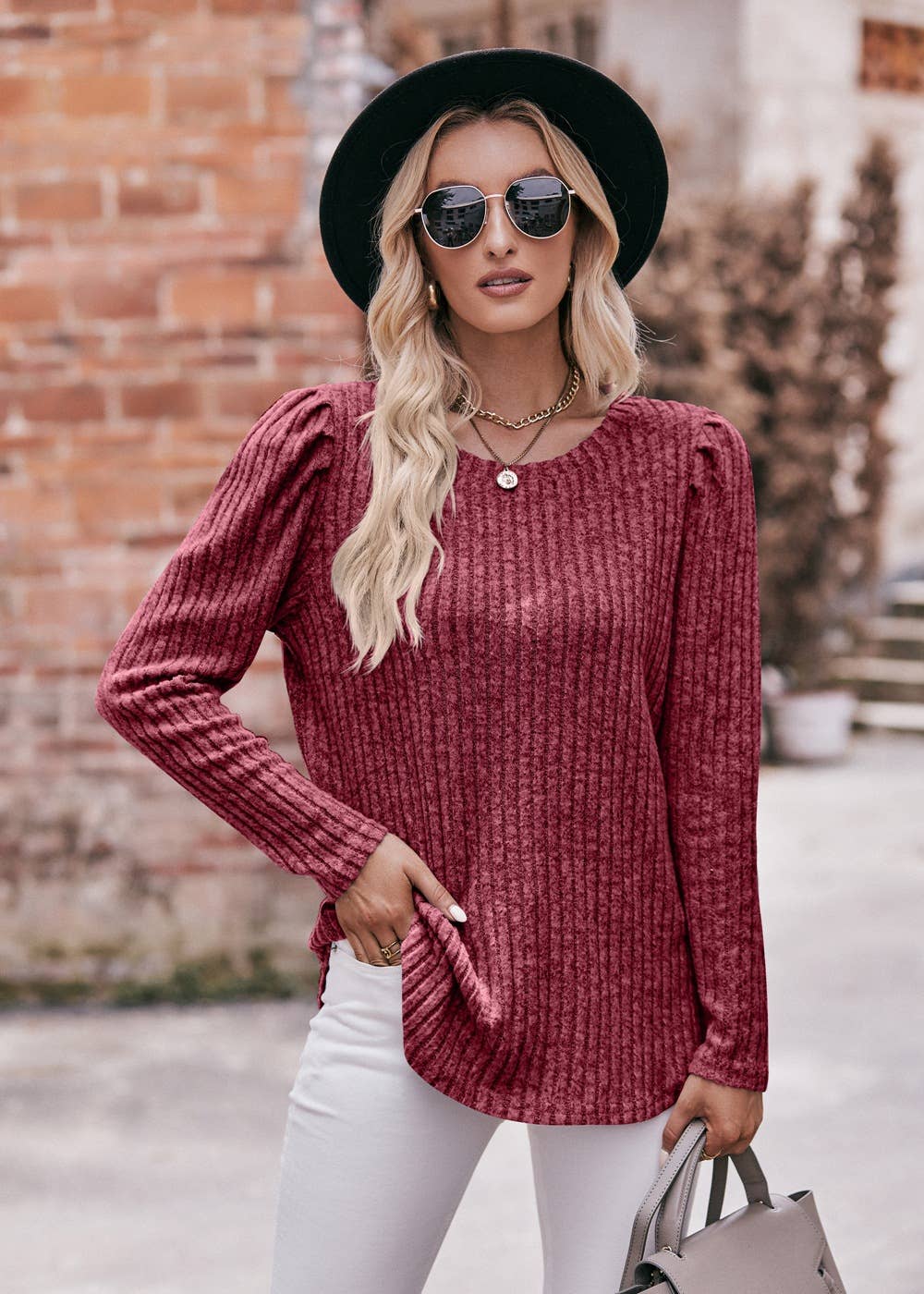 Soft Ribbed Knit Puff Sleeve Top