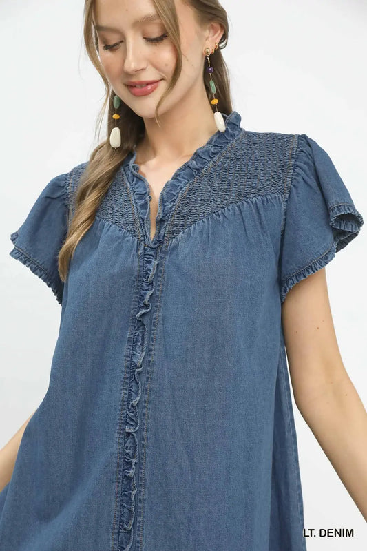 Washed Denim Babydoll Dress