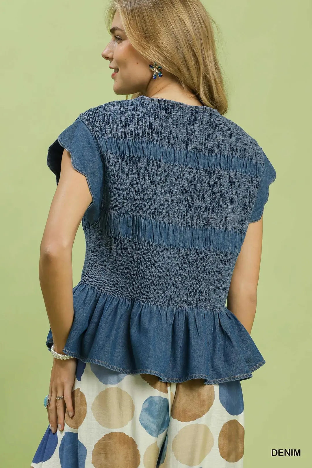 Chambray Smocked Peplum Denim Top