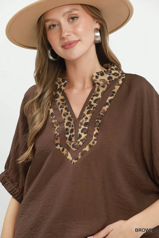 Leopard Trim Dolman Sleeve Blouse
