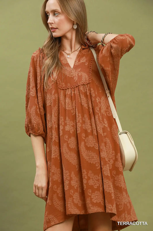 Paisley Print Puff Sleeve Babydoll Dress