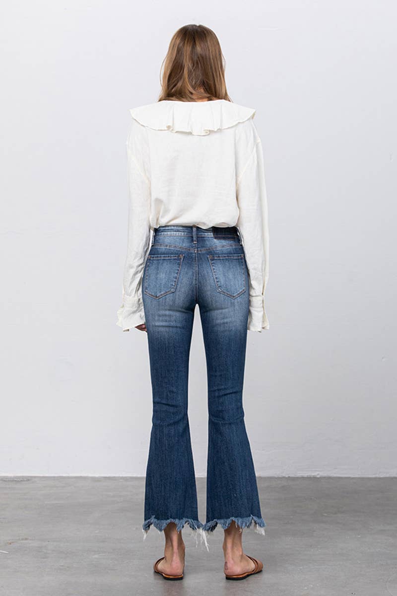 High Stretch Mid Rise Frayed Hem Distressed Crop Flare Jeans