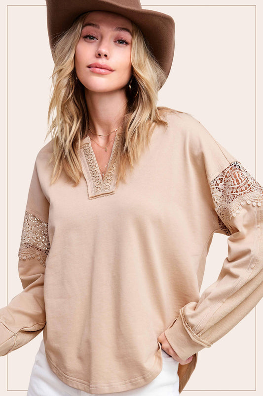 Embroidered Crochet V-neck Long Sleeve Top - Southern Sassy Boutique