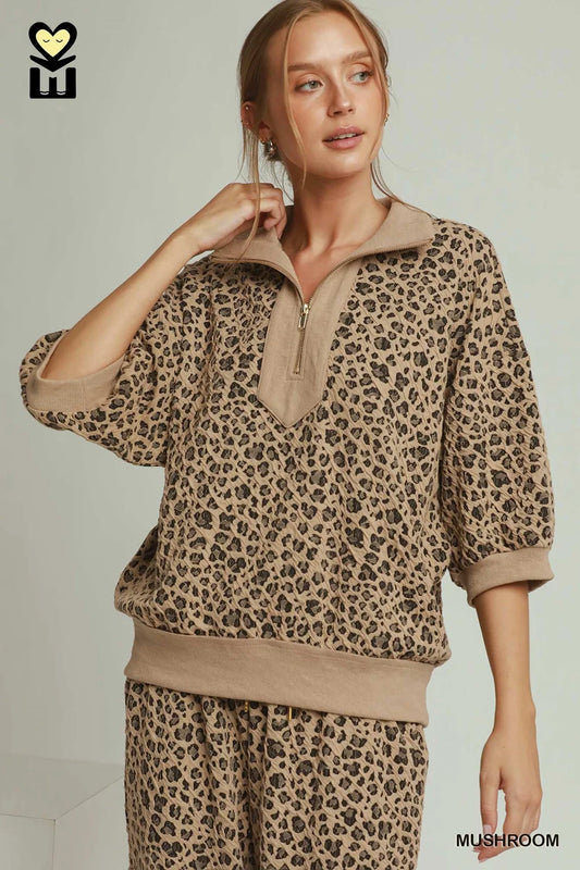 Leopard Jacquard Half Zip Pullover and Pant Set