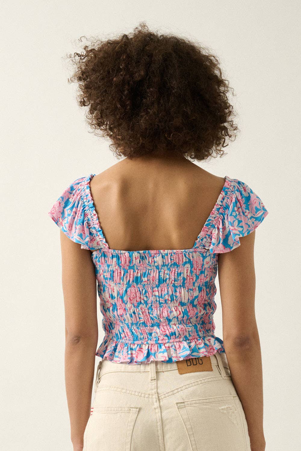 Floral Boat Neck Ruffle Flounce Gathered Blouse