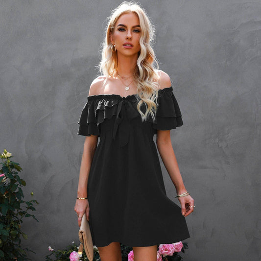 Off Shoulder Ruffle Tie Trim Dress - Southern Sassy Boutique