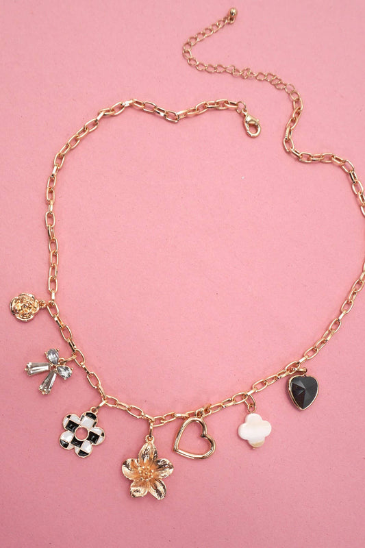CHARM NECKLACE-BOW CHECKER HEART RHINESTONE | 80N92053