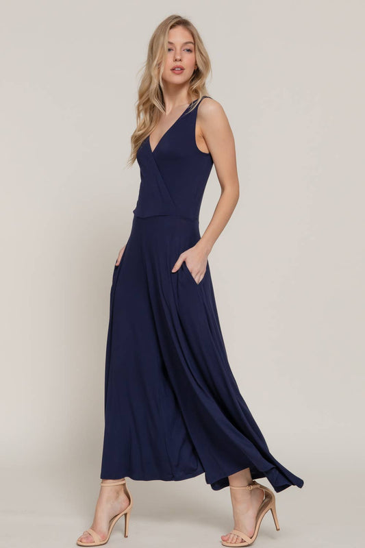 Double V Neck Surplice Knit Jumpsuit w/ Side Pocket