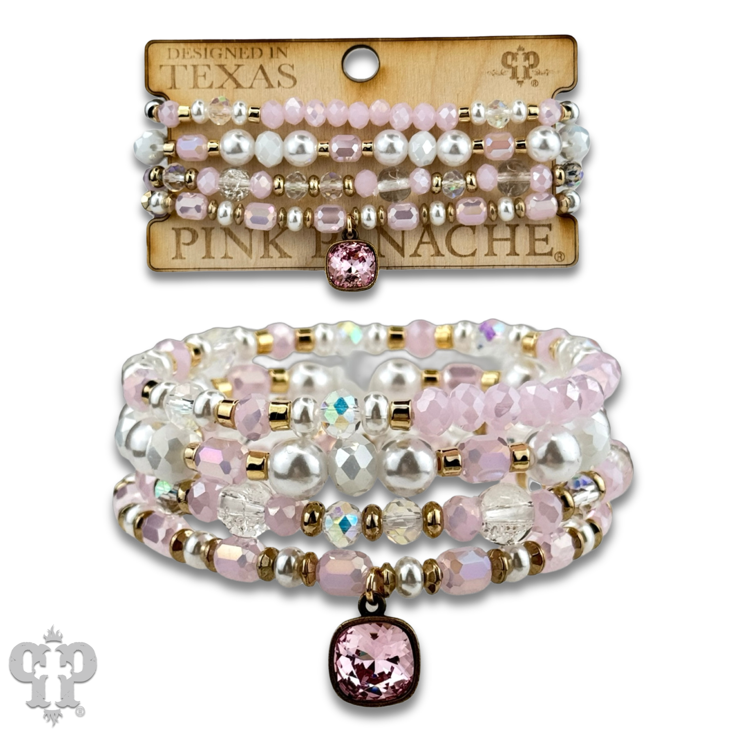 Pearl, glass and gold bead bracelet with Austrian crystal