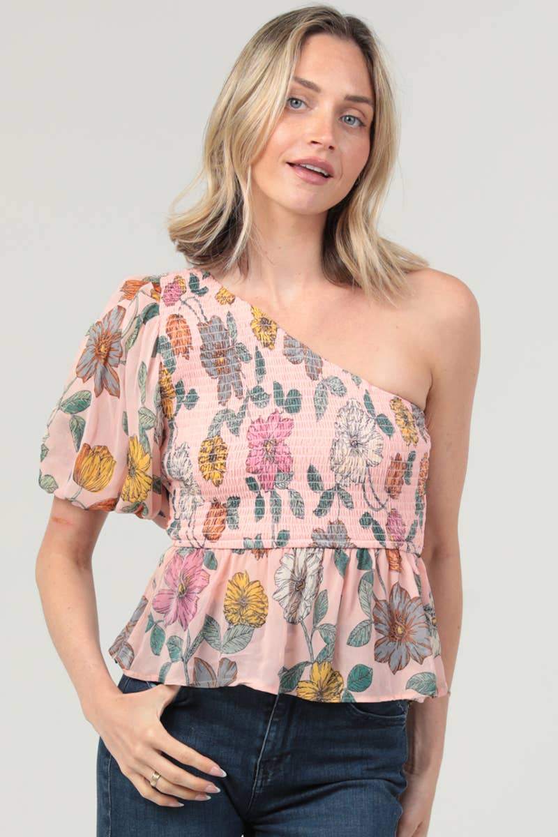 Chiffon One Shoulder Smocked Bodice Peplum Top